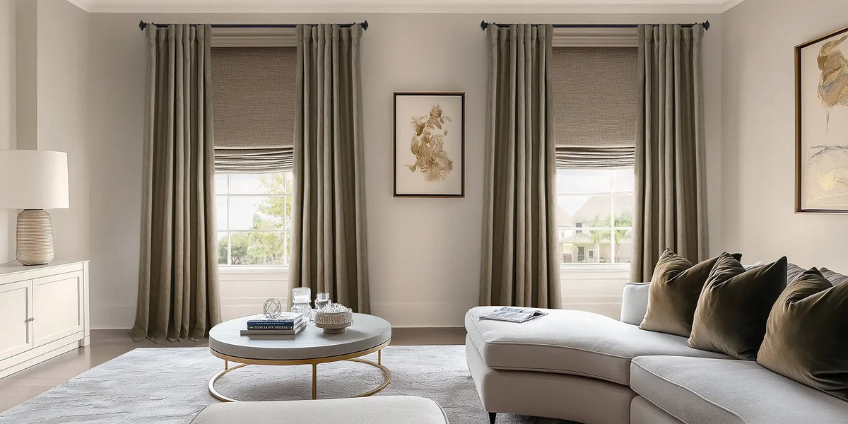 Contemporary Living Room — Cocoa Grommet Layered Over Shades