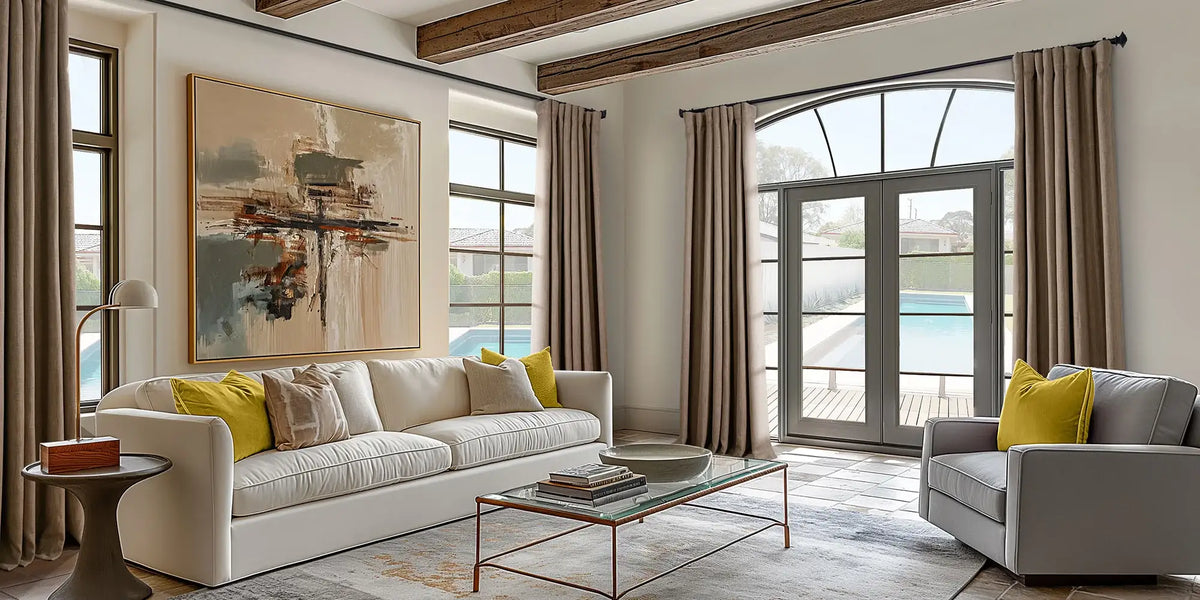 Spanish-Style Living Room — Cocoa Linen at the French Doors