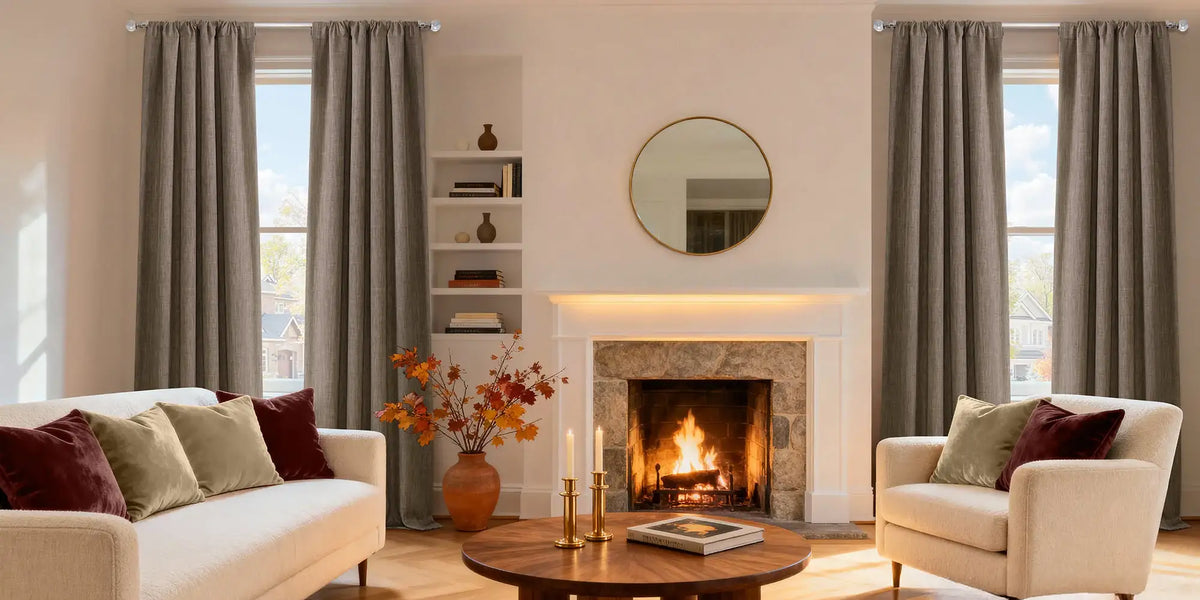 Traditional Living Room — Cocoa Linen Beside the Stone Fireplace