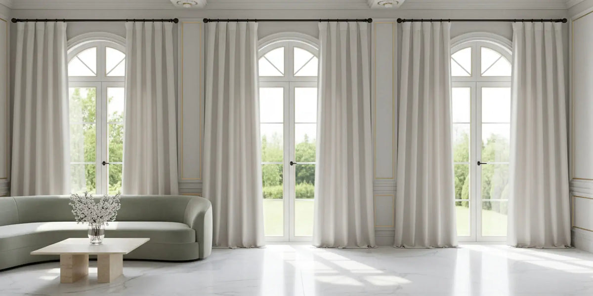 French Neoclassical Living Room — Ivory Linen for Grand Windows