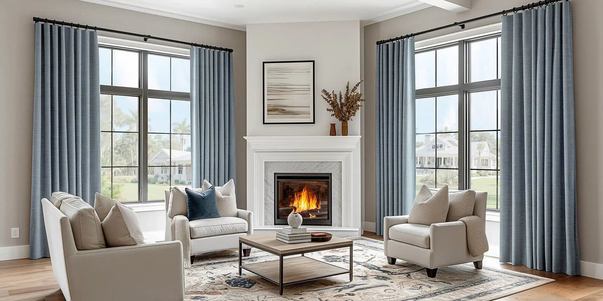 Coastal Living Room — Gulf Blue Flanking the Fireplace