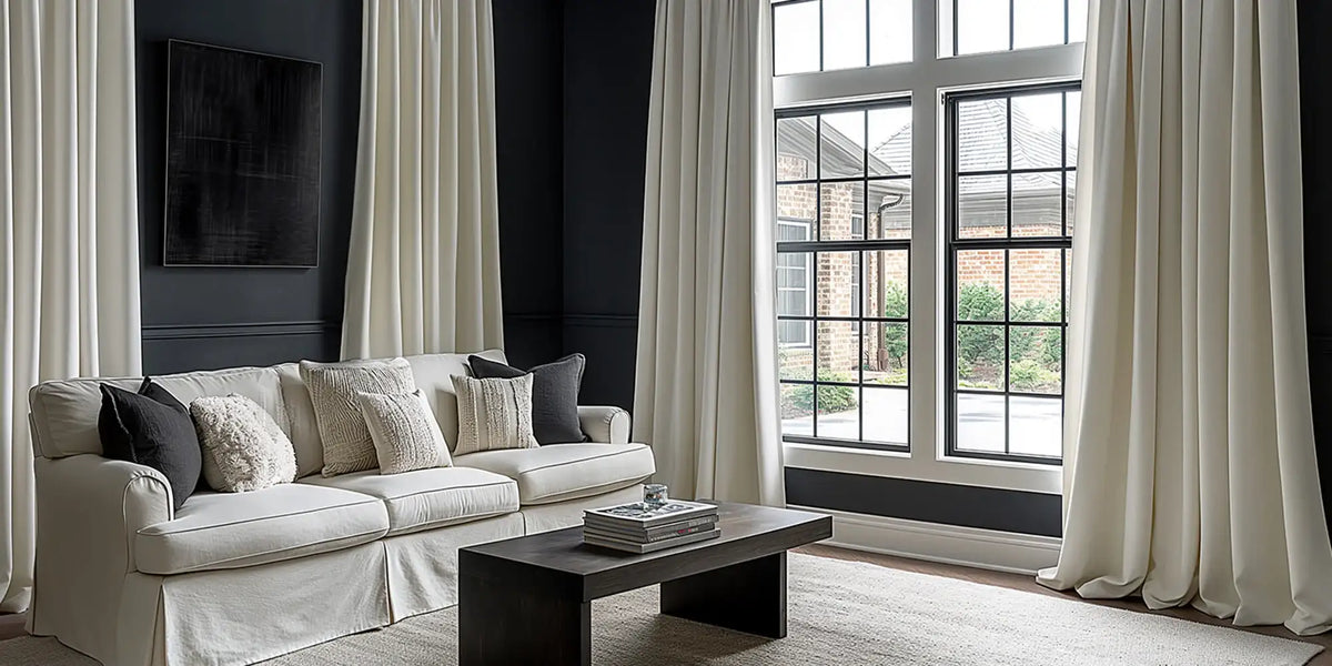 Moody Contemporary Living Room — Ivory Blackout as Contrast