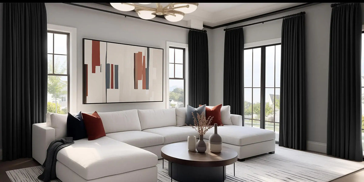 Modern Living Room — Black Hotel Blackout, White Room