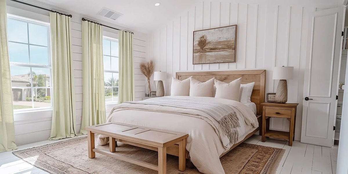 Coastal Farmhouse Bedroom — Green-White and Sunlight