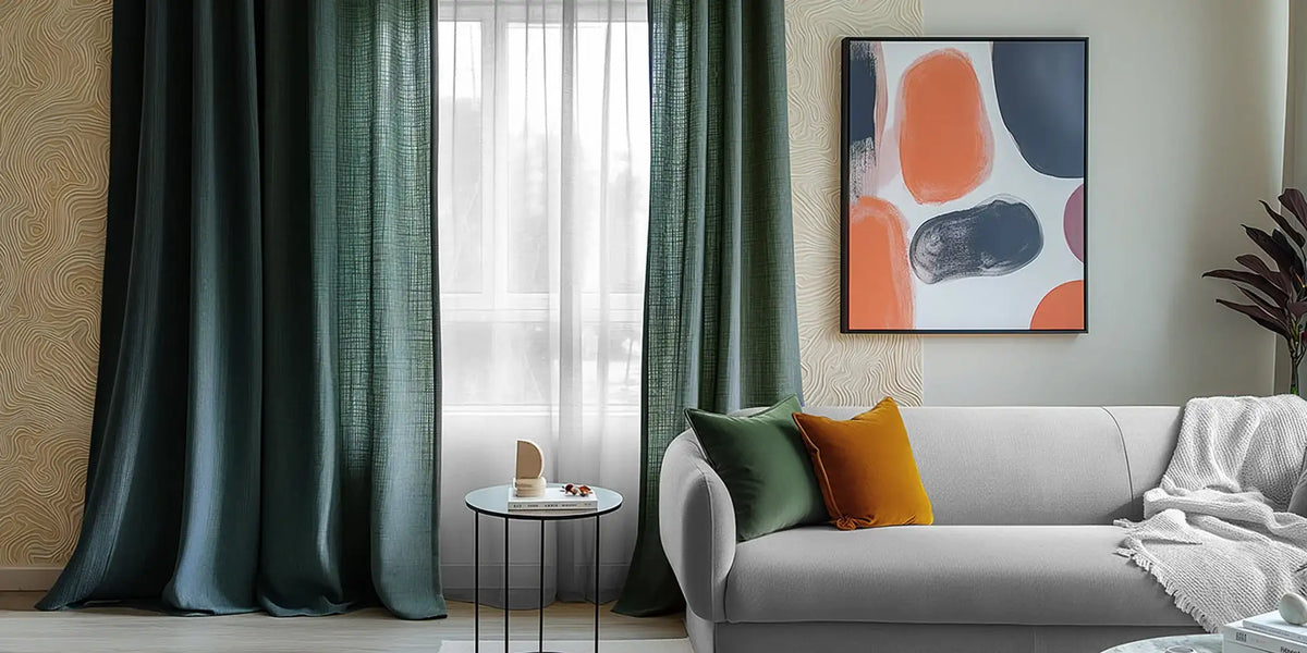 Eclectic Living Room — Forest Green Layered With Sheers