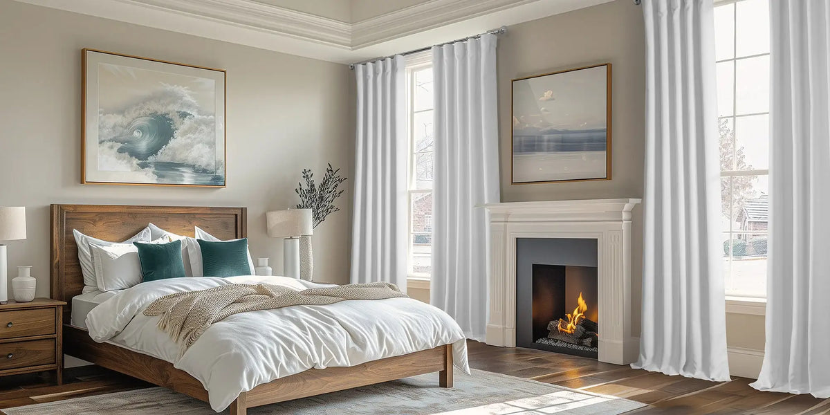 Coastal Bedroom — White Linen Beside the Fireplace