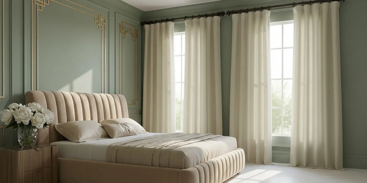 Art Deco Bedroom — Ivory Linen Against the Sage Panels