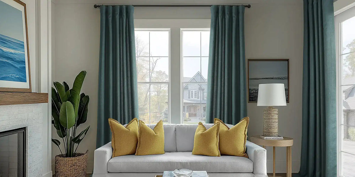 Coastal Living Room — Teal-Green Linen and the Ocean Art