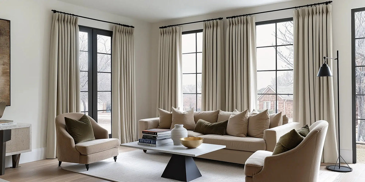 Contemporary Living Room — Khaki Linen at the Black Windows