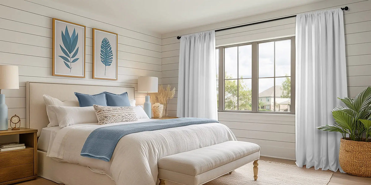 Coastal Farmhouse Bedroom — White Linen at the Shiplap Window