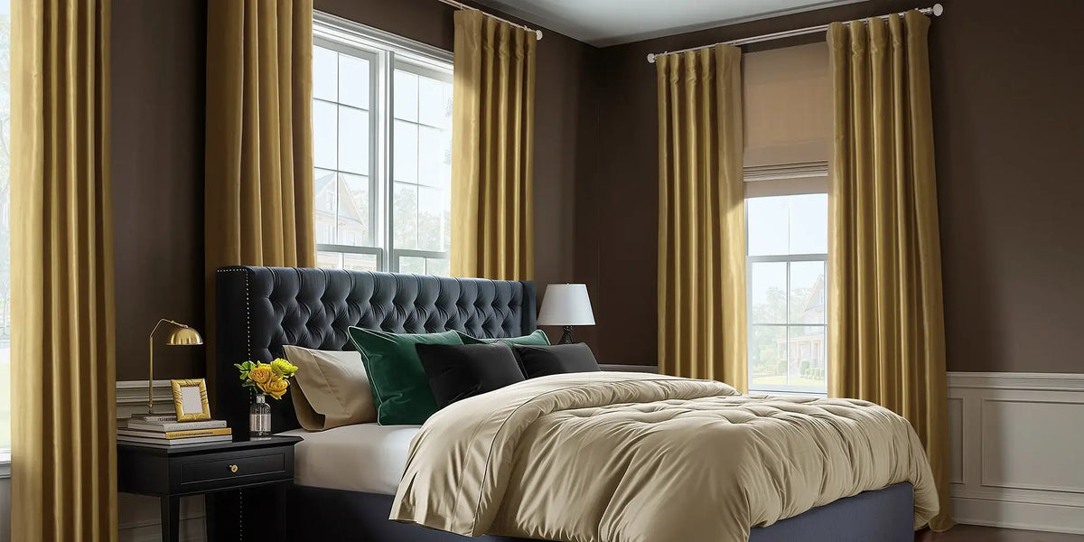 Glamorous Bedroom — Gold Silk Against the Chocolate Walls
