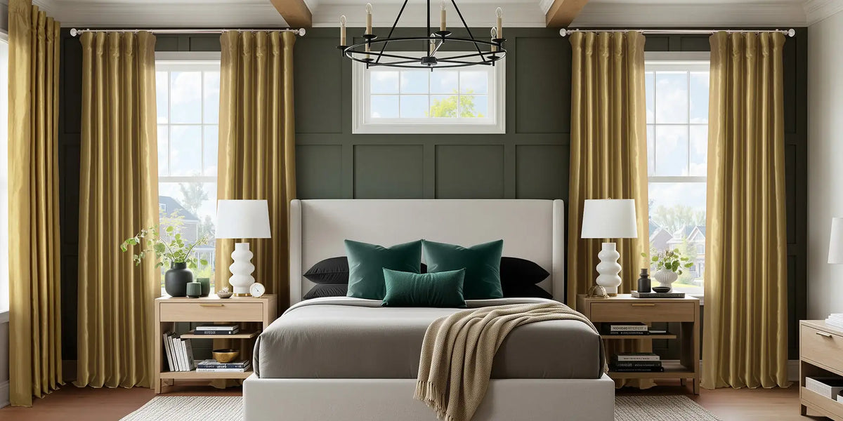 Transitional Bedroom — Gold Silk Flanks the Bed
