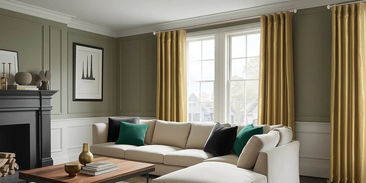 Contemporary Living Room — Gold Silk Against the Sage Green