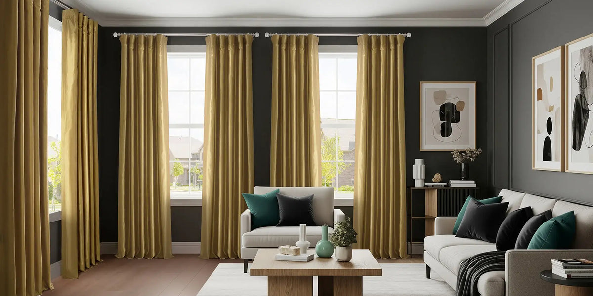 Moody Contemporary Living Room — Gold Silk Against the Dark