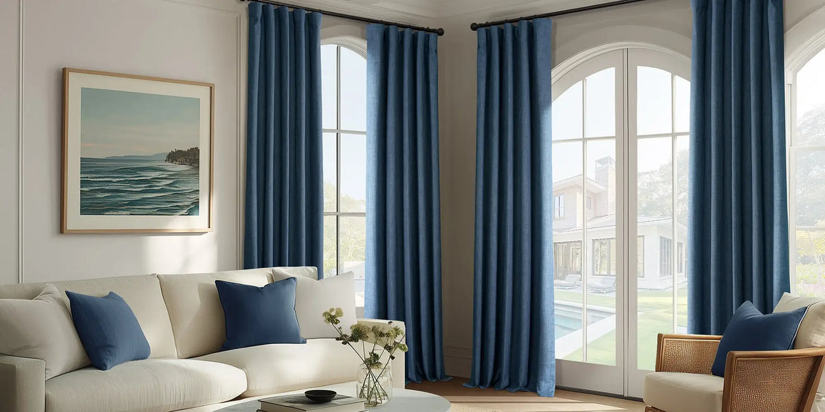 Coastal Living Room — Dark Blue Performance Linen