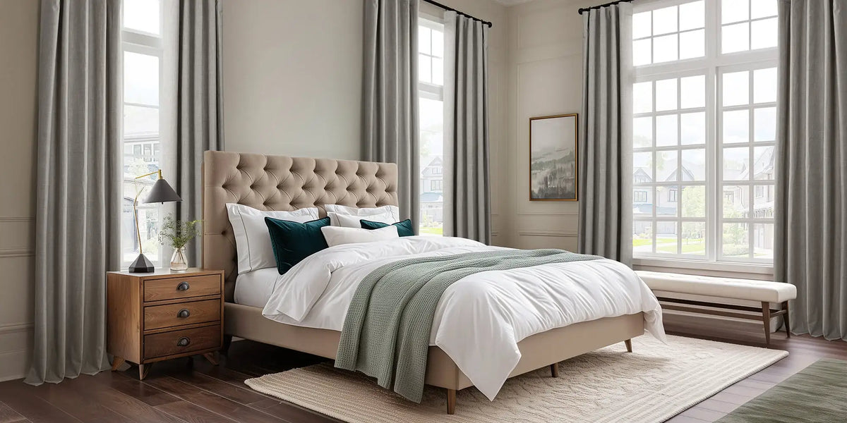 Transitional Bedroom — Greige Linen Wraps the Corners