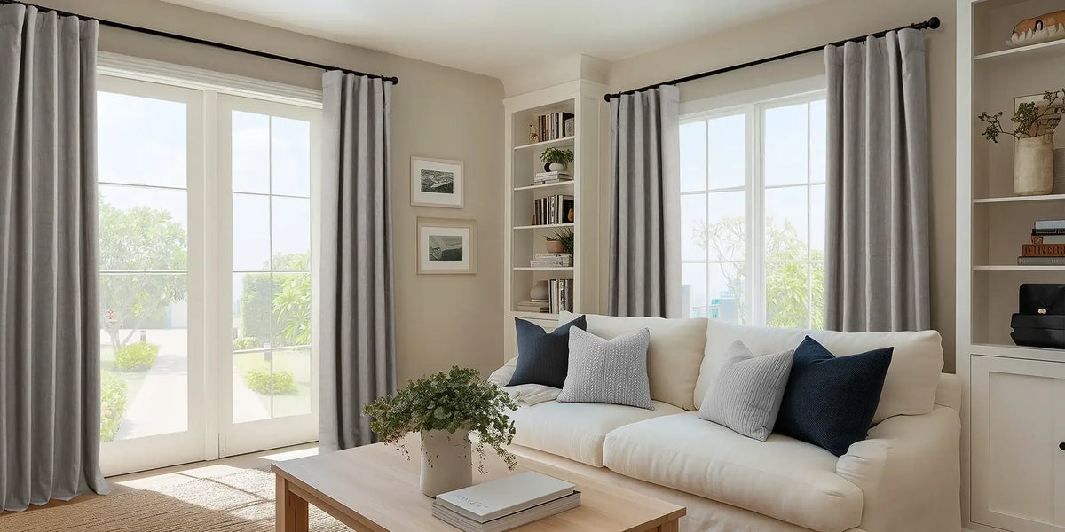 Coastal Living Room — Greige Linen at the French Doors
