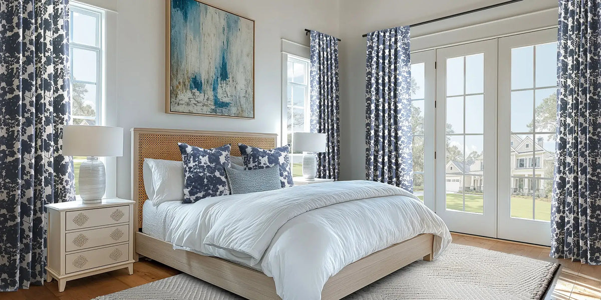 Coastal Farmhouse Bedroom — Blue Floral at the French Doors