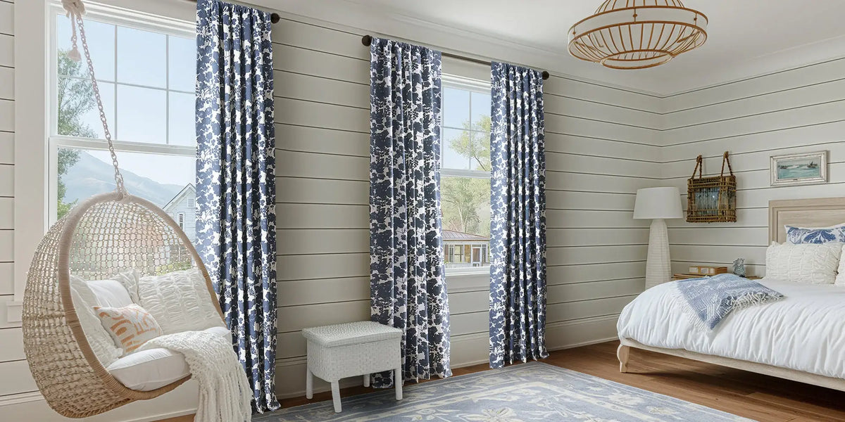 Coastal Farmhouse Bedroom — Blue Floral on the Shiplap Wall