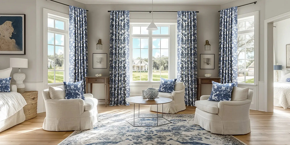 Coastal Traditional Living Room — Blue Floral at the Full Wall