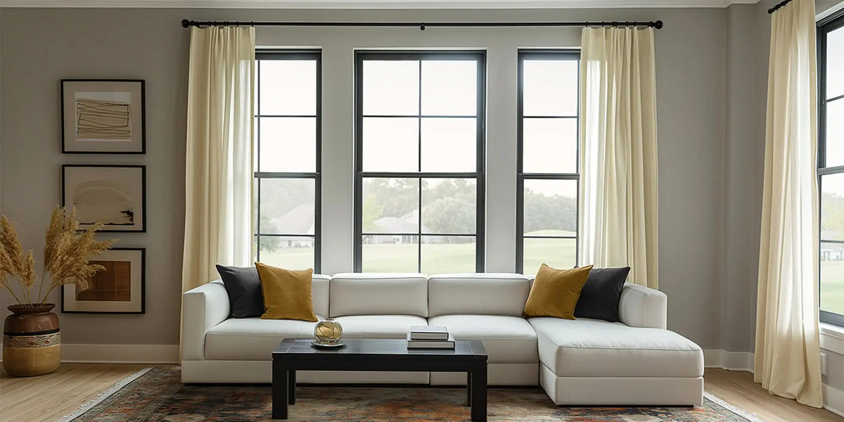 Modern Living Room — Cream Linen, Black Windows
