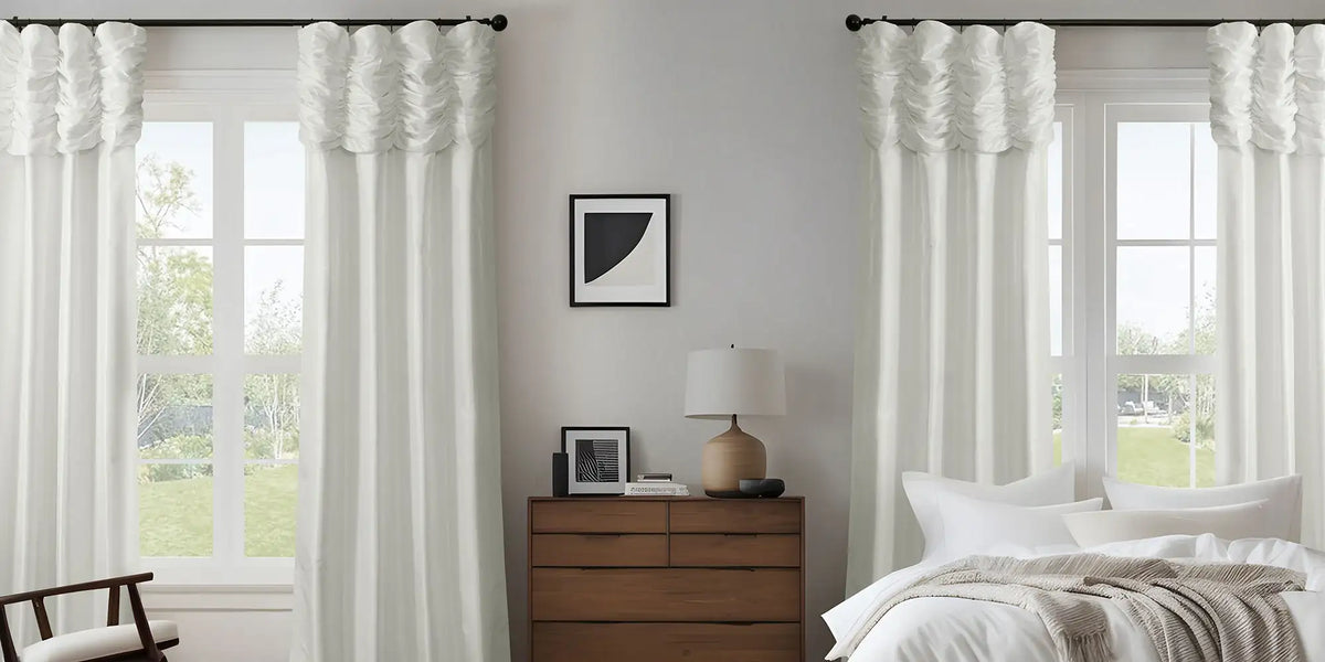 Modern Bedroom — White Ruched Silk, Symmetrical Windows