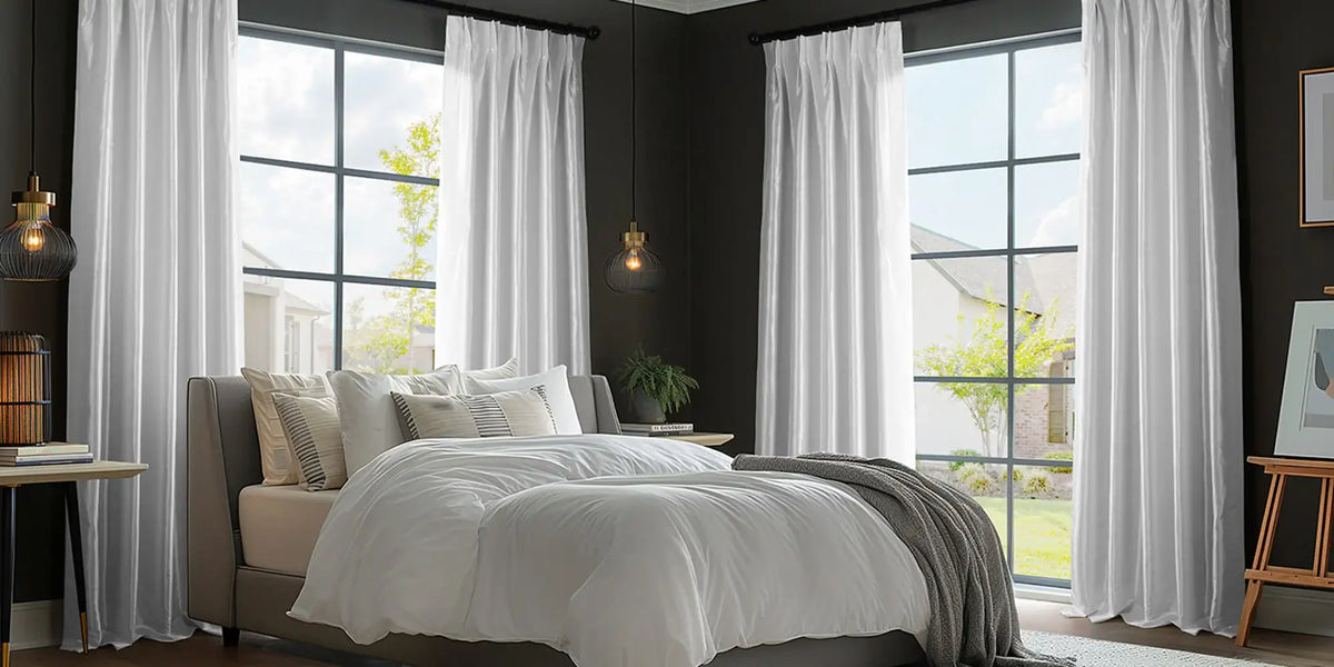 Moody Bedroom — White Silk Pinch Pleat Against the Dark