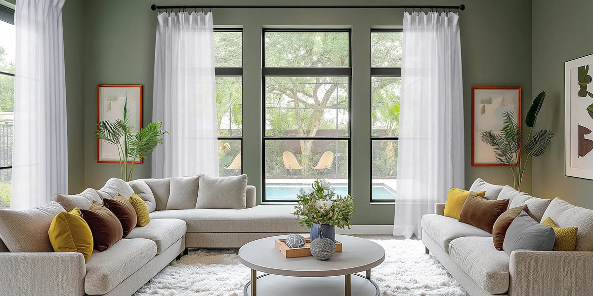Transitional Living Room — Green Walls, White Light