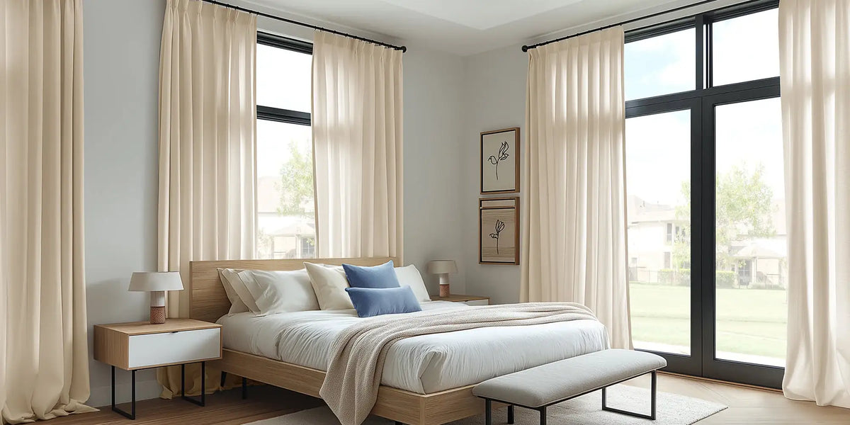 Modern Bedroom — Ivory Sheer and Black Frames