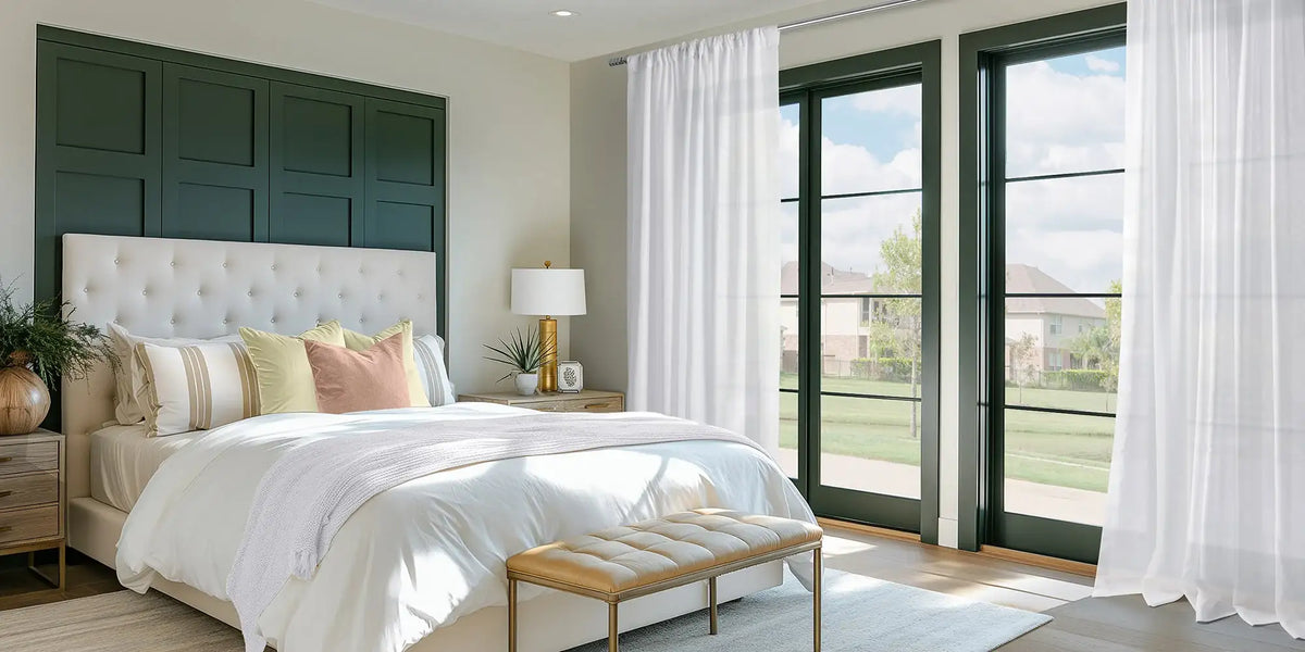 Modern Farmhouse Bedroom — White Sheer at the Glass Door
