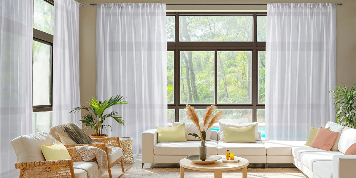 Tropical Living Room — White Sheers, Open to the Forest