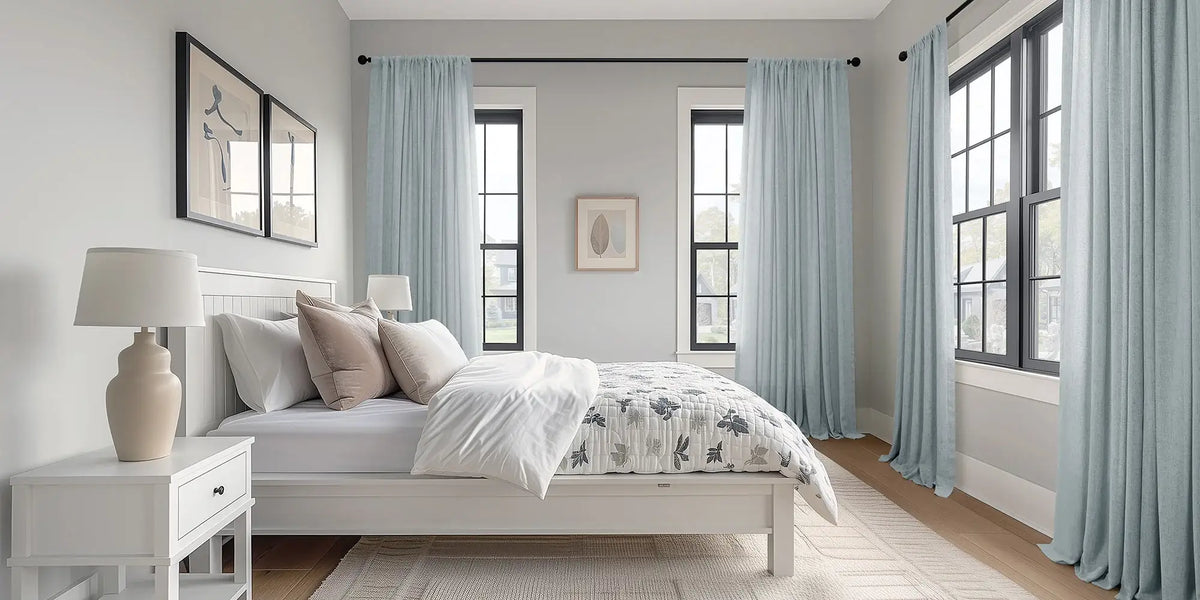 Modern Farmhouse Bedroom — Slate Blue Sheer, Clean Windows