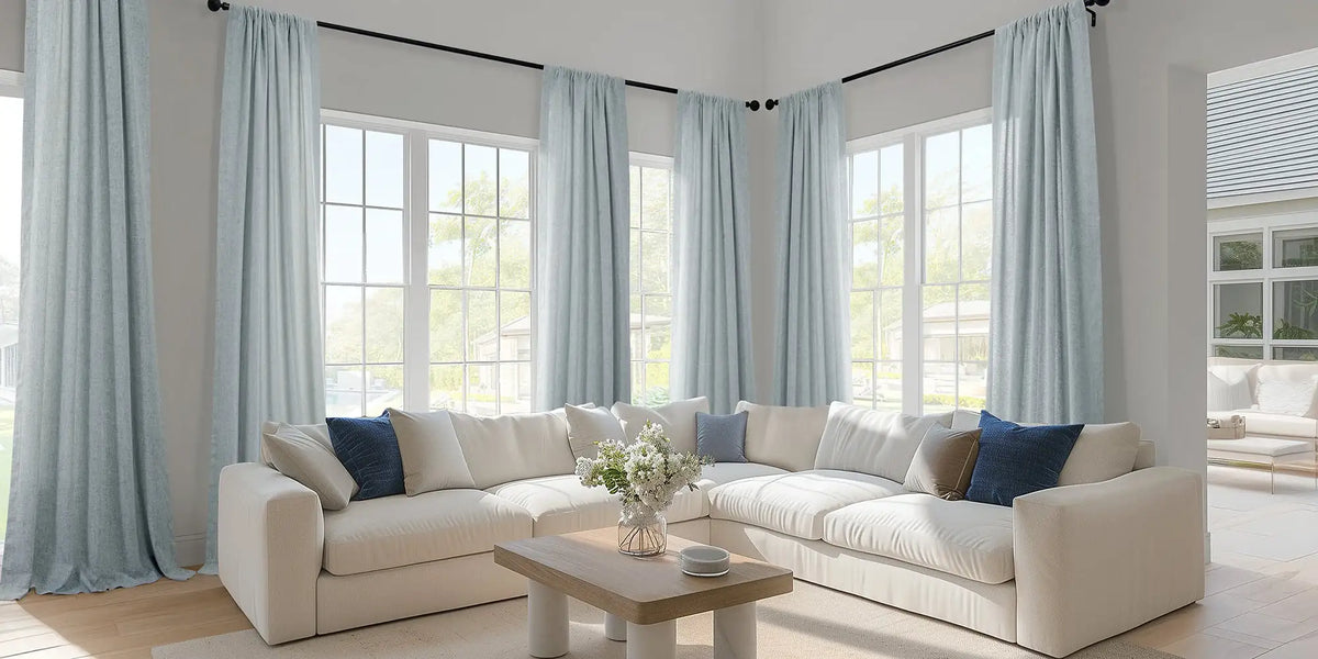 Coastal Living Room — Blue Sheers for Big Windows