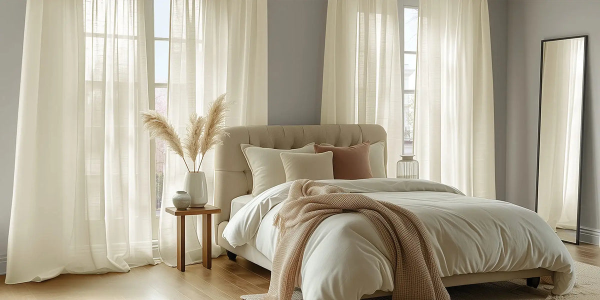 Minimal Bedroom — Gardenia Sheers Framing the Pampas