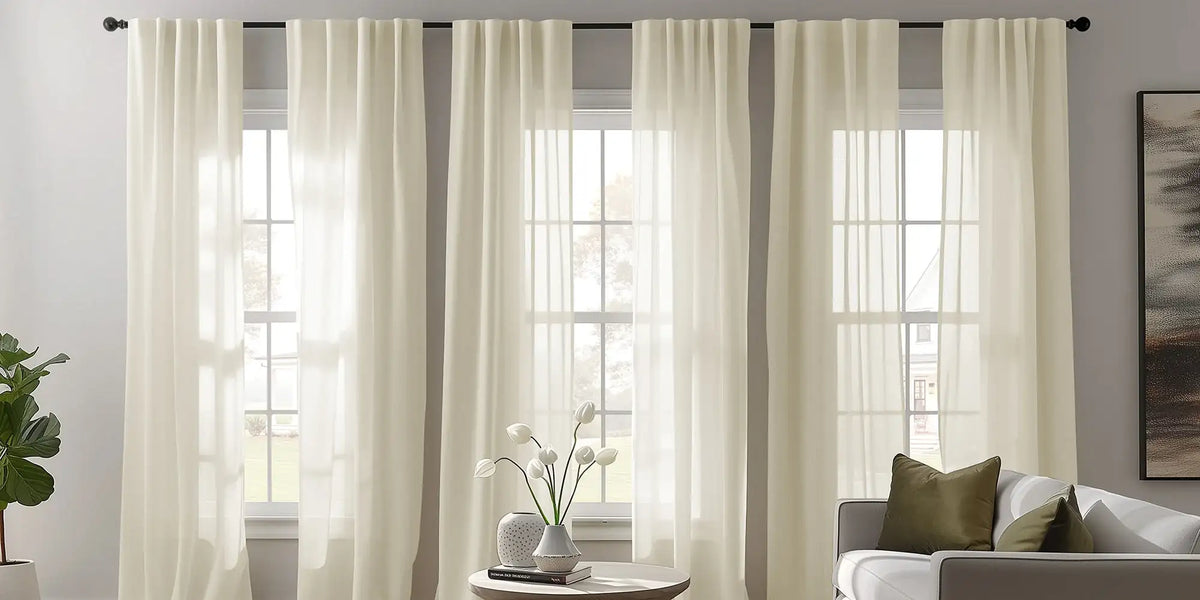 Modern Farmhouse Living Room — Cream Sheer at Three Windows