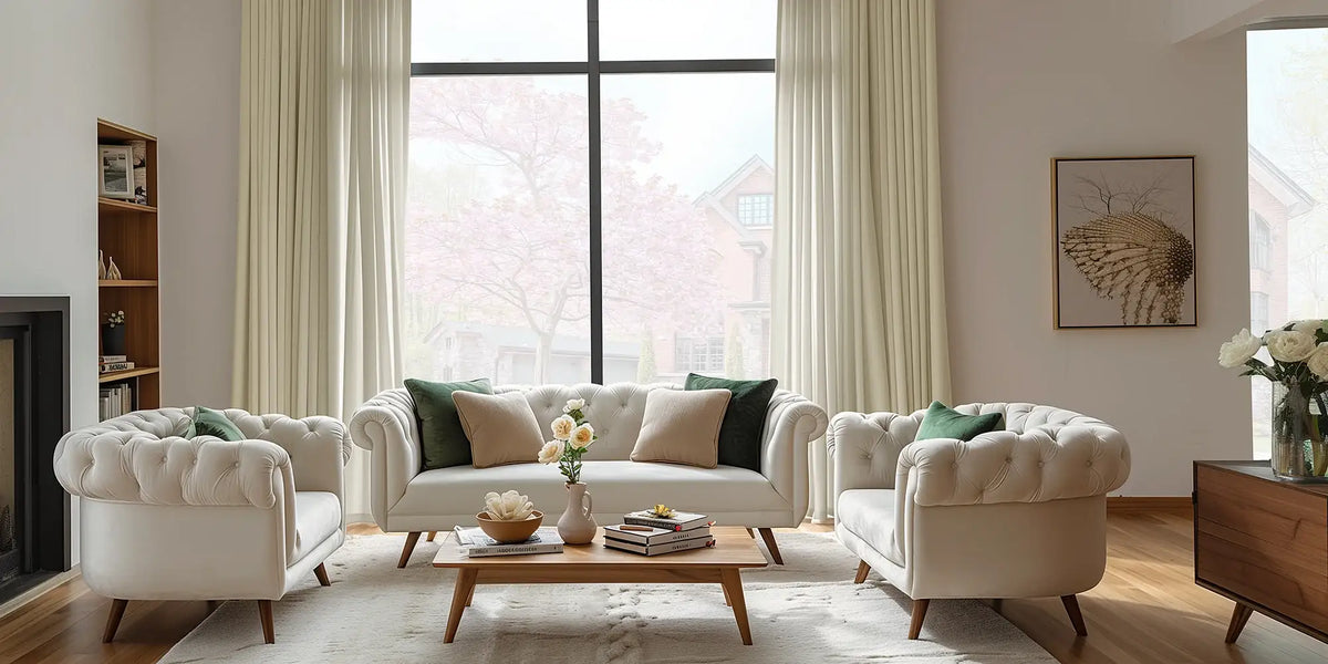 Transitional Living Room — Ivory Linen, Tufted Classics