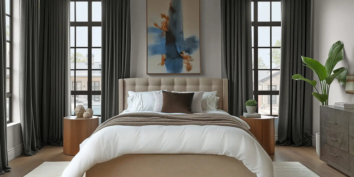 Contemporary Bedroom — Gunmetal Velvet Surrounds the Bed