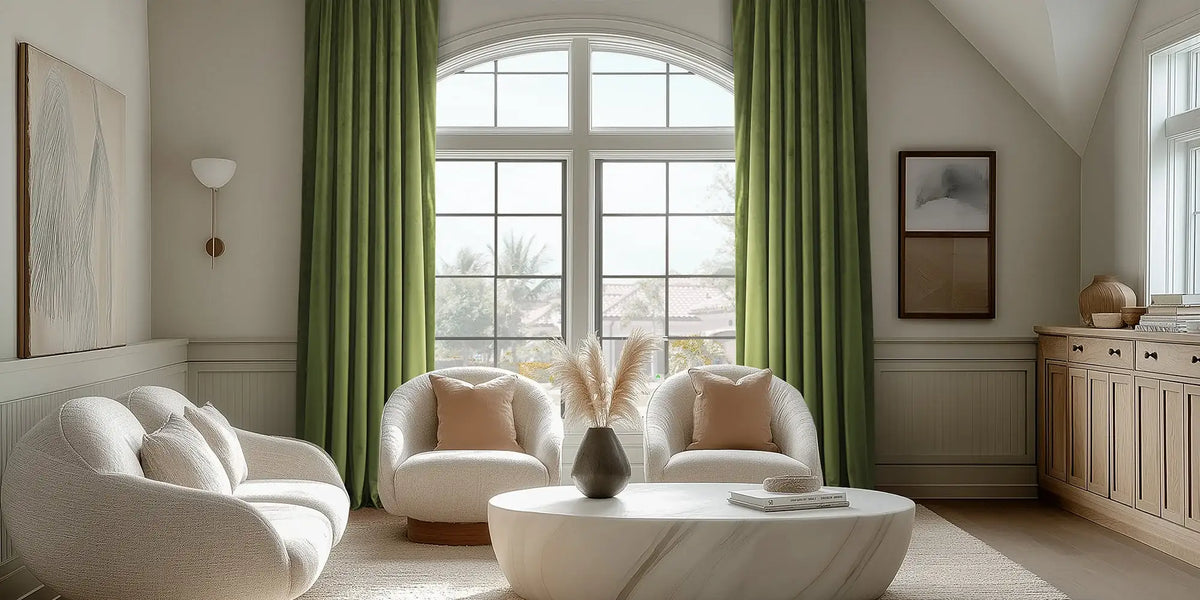 Coastal Modern Living Room — Green at the Arched Window