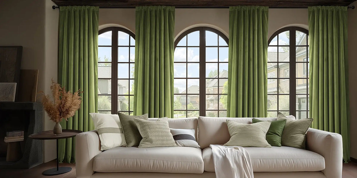 Rustic Contemporary Living Room — Green Velvet and Arched Windows
