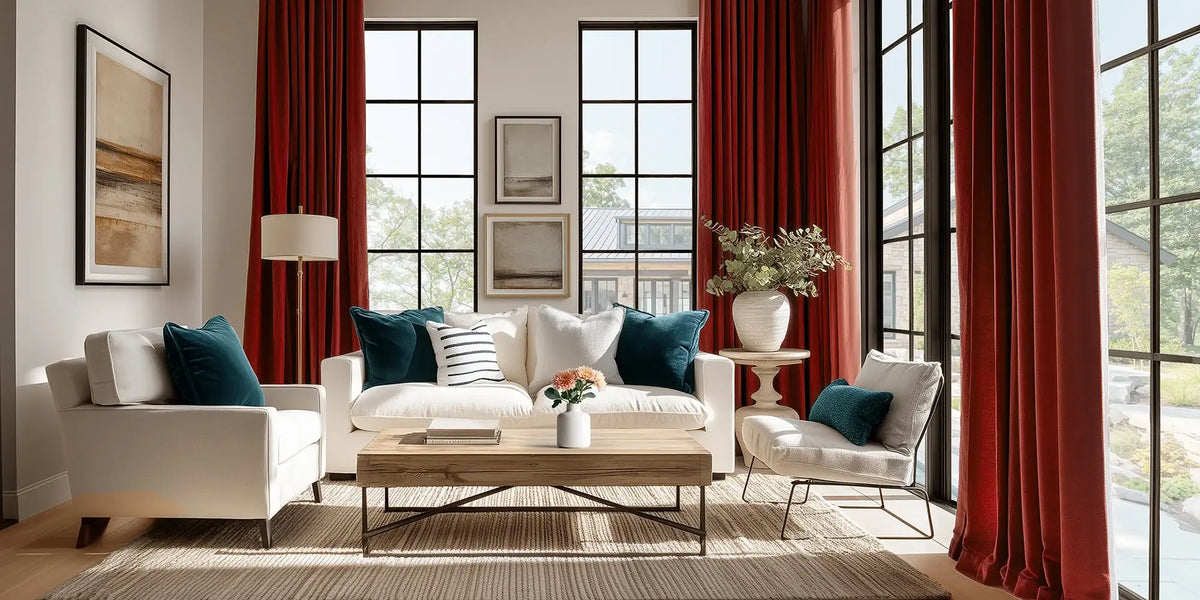 Contemporary Living Room — Terracotta Red Beside the Glass