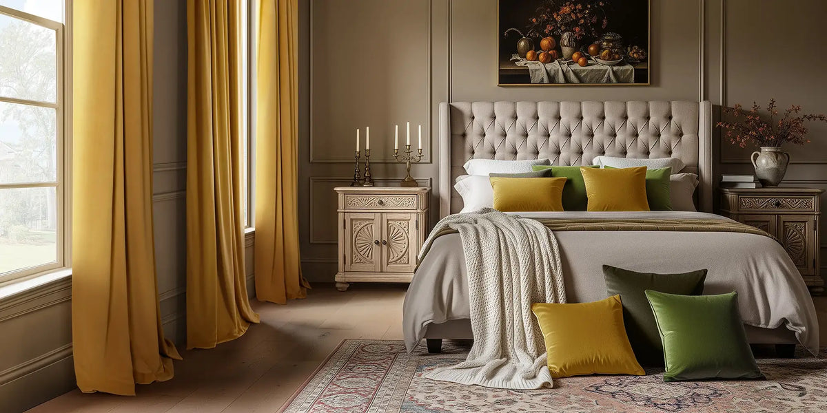 Traditional Bedroom — Gold Velvet Beside the Still Life