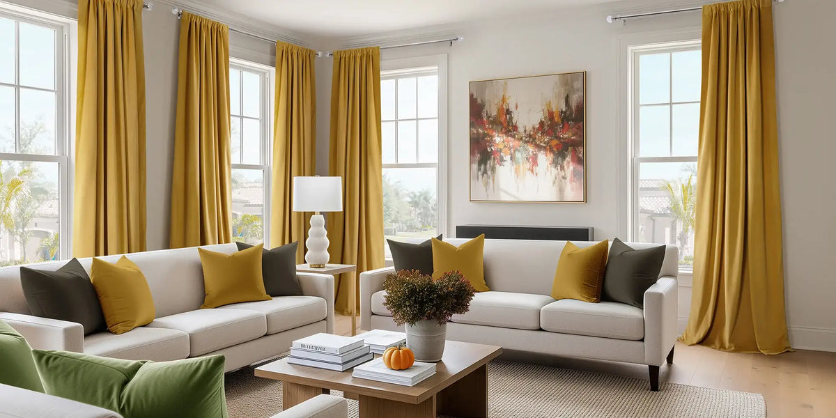 Contemporary Living Room — Gold Velvet Against the Warm White