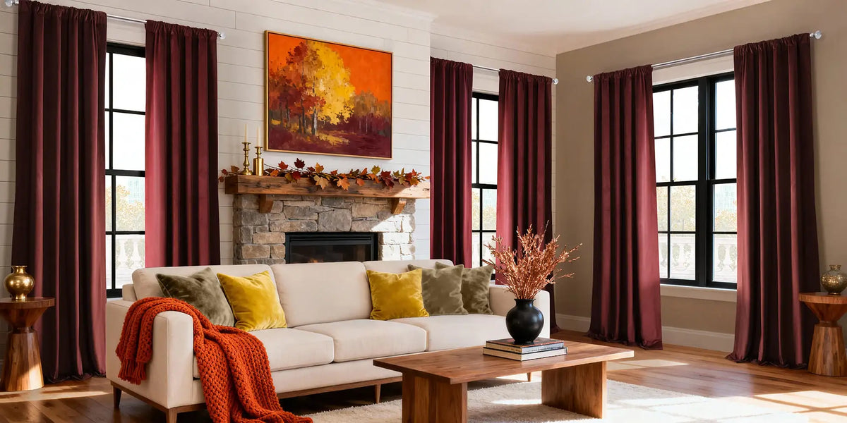 Coastal Farmhouse Living Room — Red Velvet, Stone Fireplace