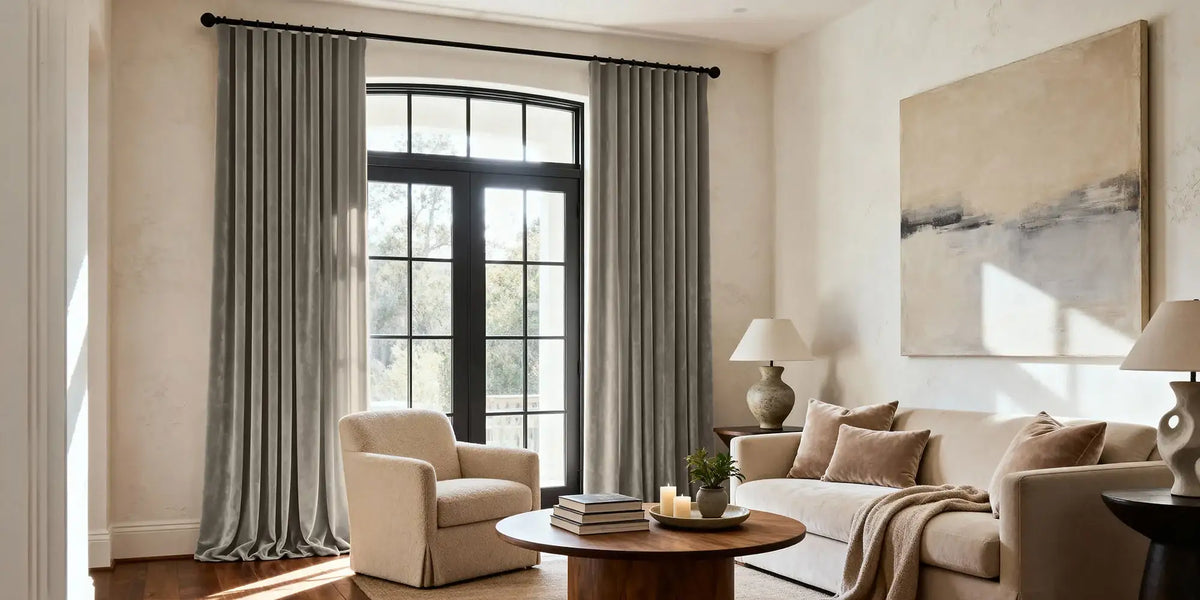Spanish-Style Living Room — Warm Grey Velvet at the Arch