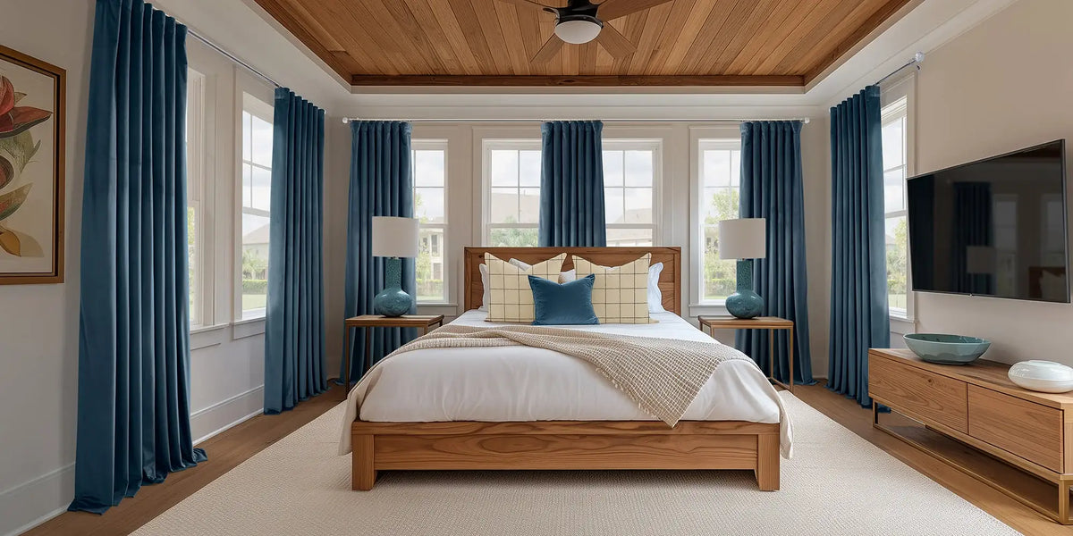 Coastal Bedroom — Blue Velvet and Natural Wood
