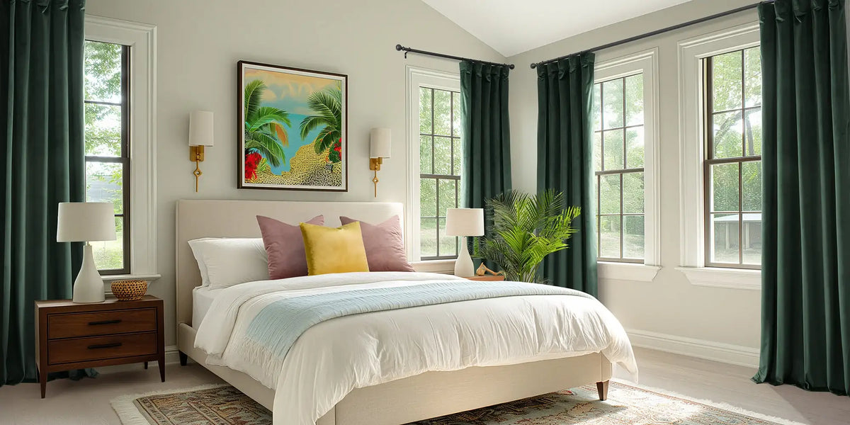 Tropical Bedroom — Deep Green Velvet at Every Window