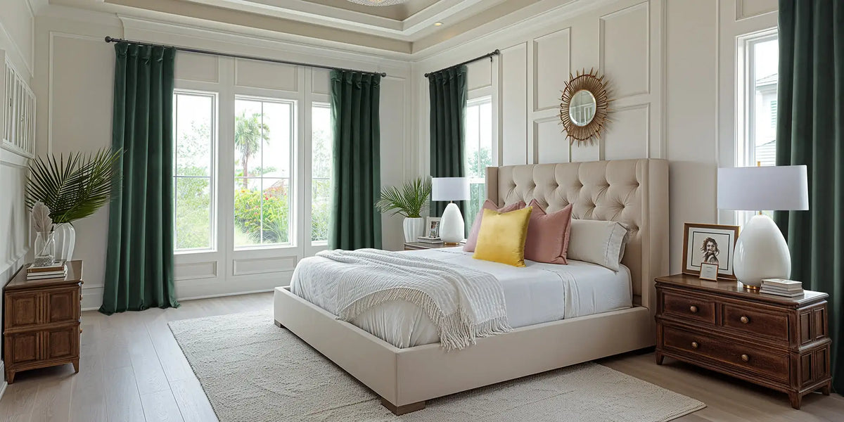 Coastal Traditional Bedroom — Green Velvet Wraps the Suite