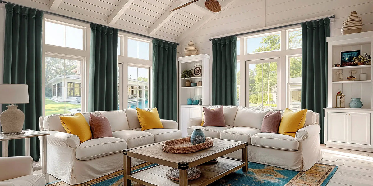 Coastal Living Room — Green Velvet for the Pool House