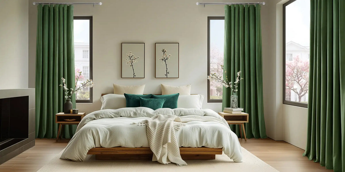 Japandi Bedroom — Green Velvet and the Cherry Blossom View