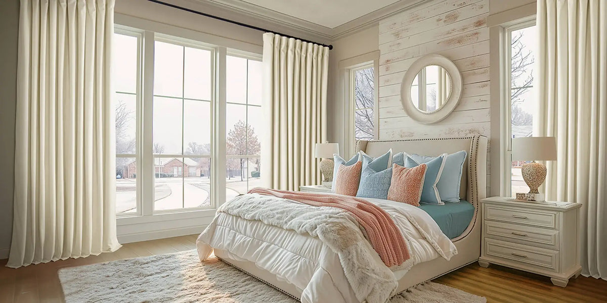 Coastal Farmhouse Bedroom — Cream Velvet at the Window